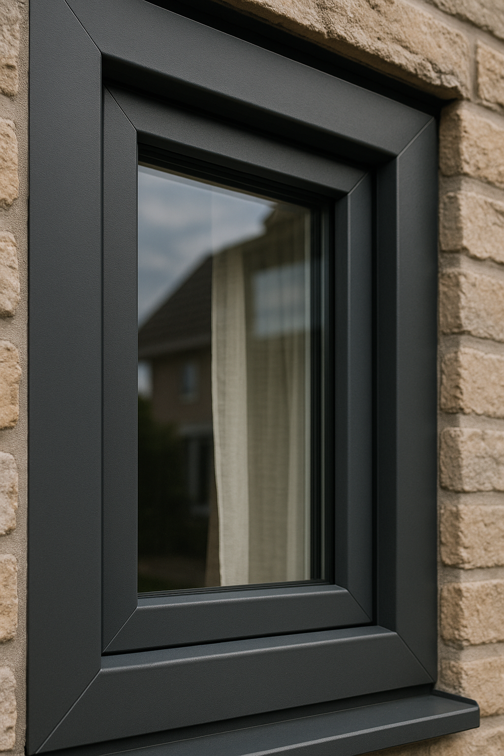 kunststof kozijn in donkergrijs, geplaatst in een bakstenen gevel – voorbeeld van de voordelen van kunststof kozijnen in Noord-Holland, Flevoland of Friesland.