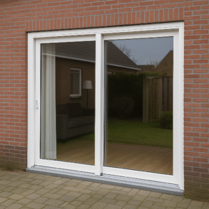 Kunststof schuifpui plaatsen Hoorn met wit frame en uitzicht op tuin