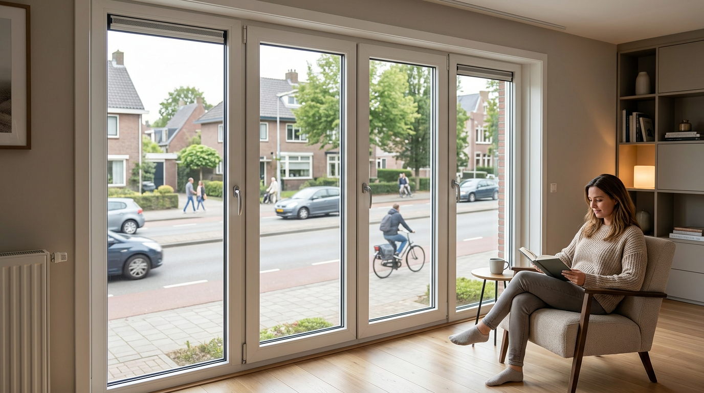 Geluidswering kunststof kozijnen voor een rustige woning met HR++ glas.
