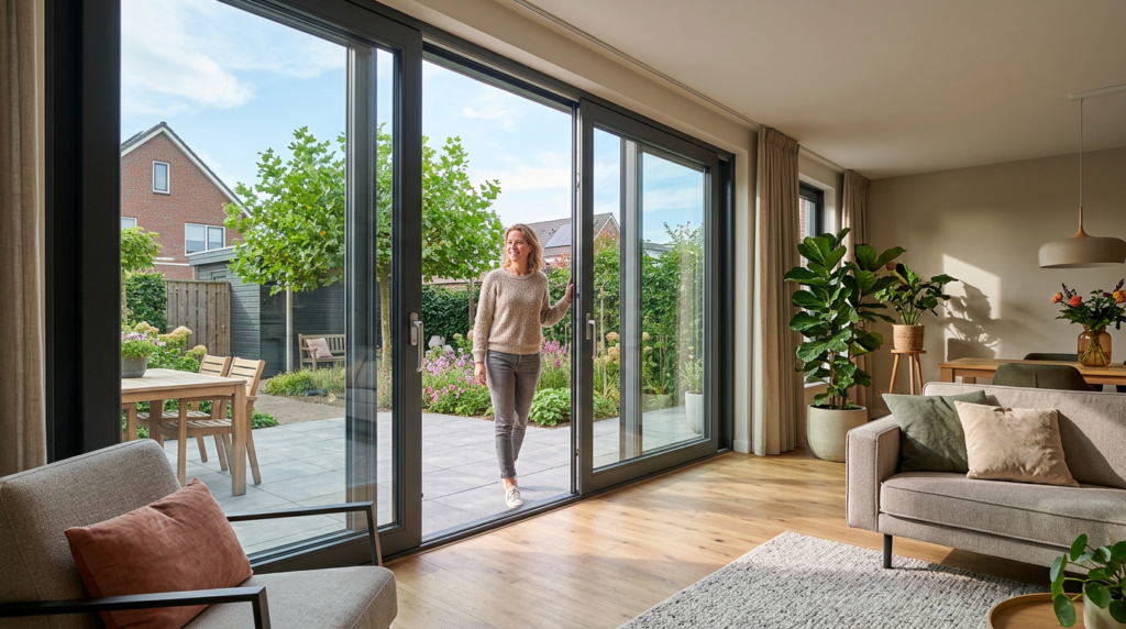 Moderne kunststof schuifpui van R.L. Kozijnen voor energiezuinig wooncomfort.