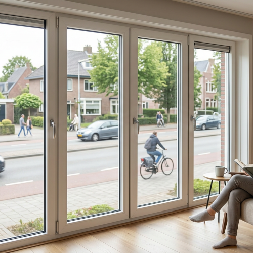 Geluidswering kunststof kozijnen voor een rustige woning met HR++ glas.