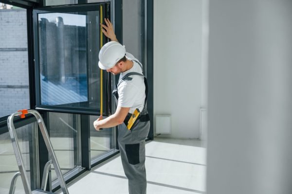 Working with windows. Repairman is indoors in the modern room.